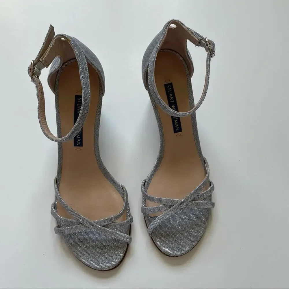 NEW Stuart Weitzman Silver Glitter Wedge Size 4